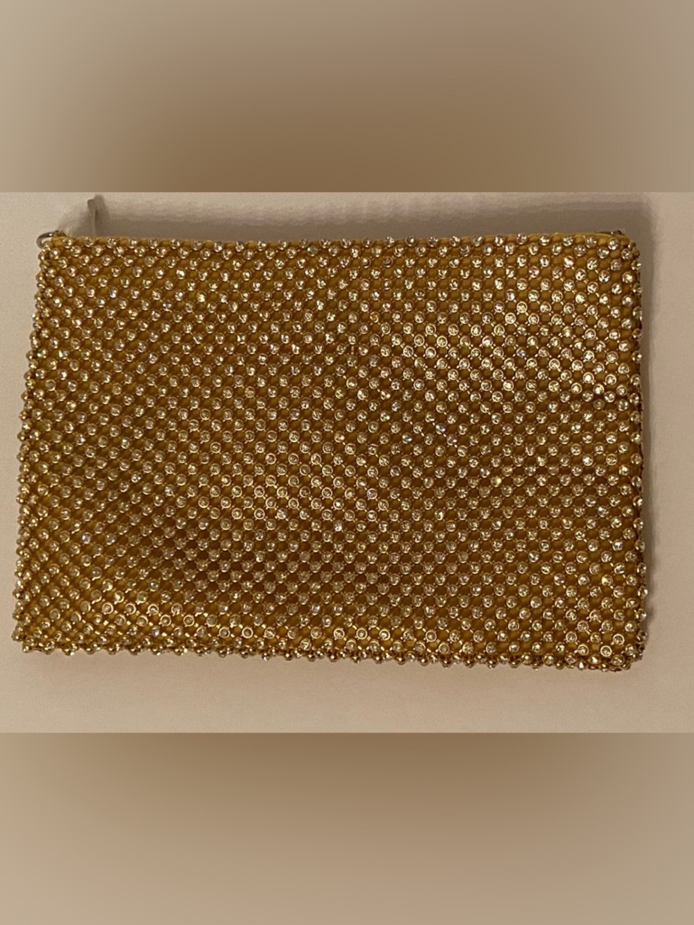 IN’S BAG CLUTCH CROSSBODY GOLD MESH BEZEL SET RHINESTONES LONG SILVER CHAIN ZIP